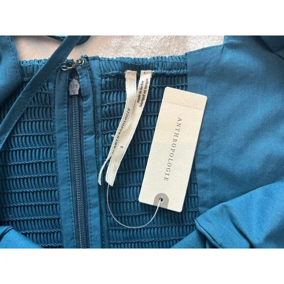 Anthropologie Long-Sleeve Square-Neck Poplin Mini Dress Sz Sm Blue NWT - Picture 8 of 9